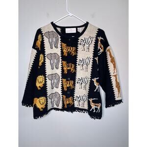 2000s Jane's Closet Zebra Elephant Silk Cotton Safari Jungle Animals Cardigan M